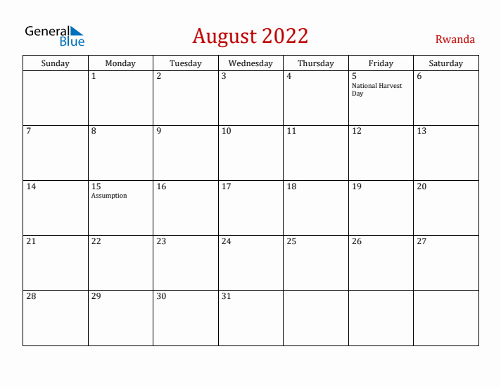 Rwanda August 2022 Calendar - Sunday Start