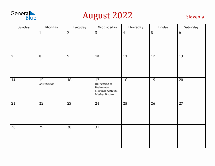 Slovenia August 2022 Calendar - Sunday Start