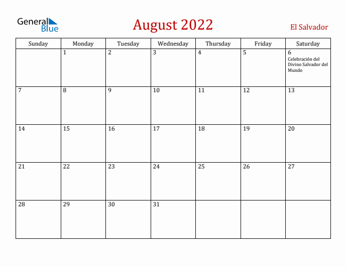El Salvador August 2022 Calendar - Sunday Start