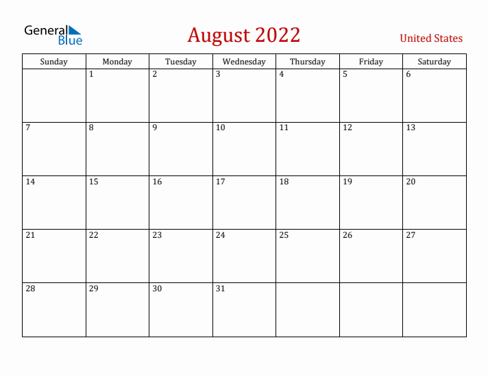 United States August 2022 Calendar - Sunday Start