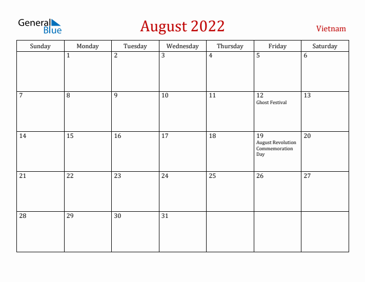 Vietnam August 2022 Calendar - Sunday Start