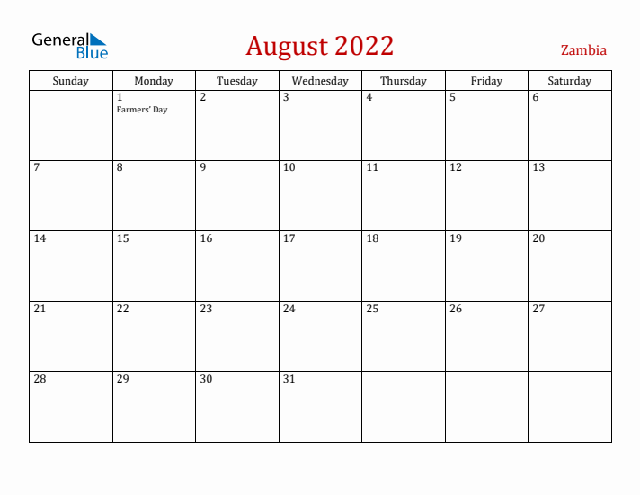 Zambia August 2022 Calendar - Sunday Start