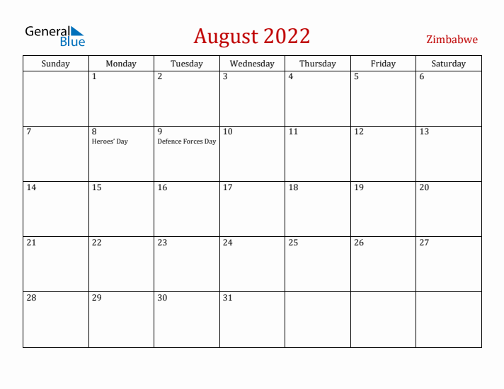 Zimbabwe August 2022 Calendar - Sunday Start