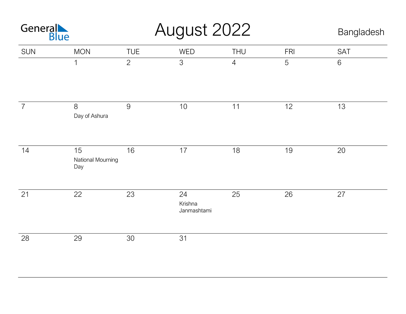 bangladesh august 2022 calendar with holidays