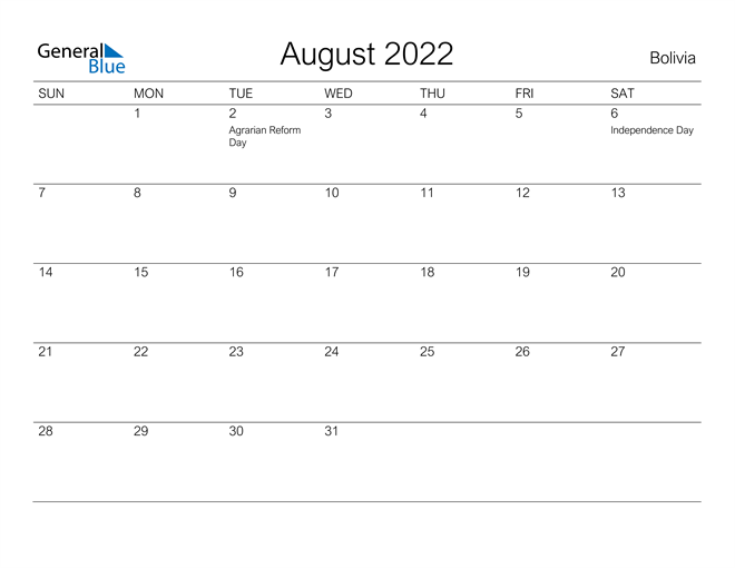 Printable August 2022 Calendar for Bolivia