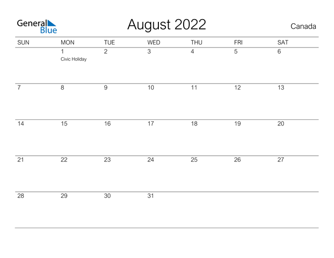 Printable August 2022 Calendar for Canada