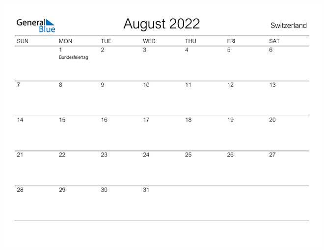 Printable August 2022 Calendar for Switzerland