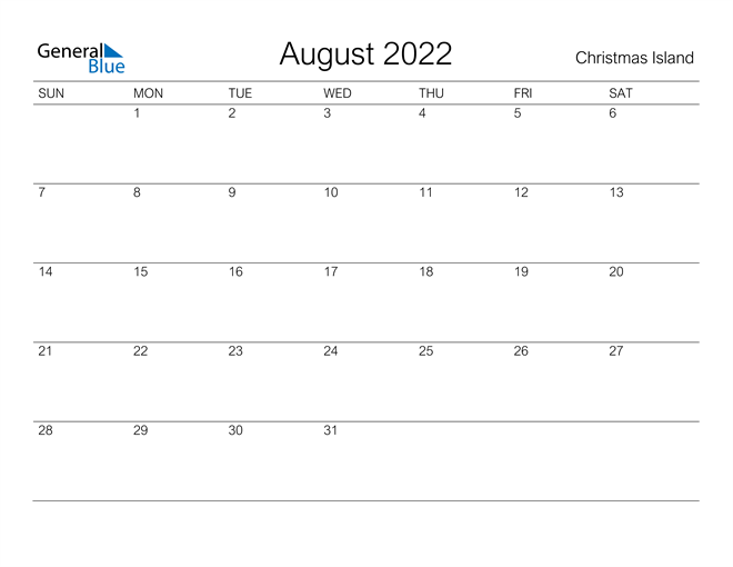 Printable August 2022 Calendar for Christmas Island
