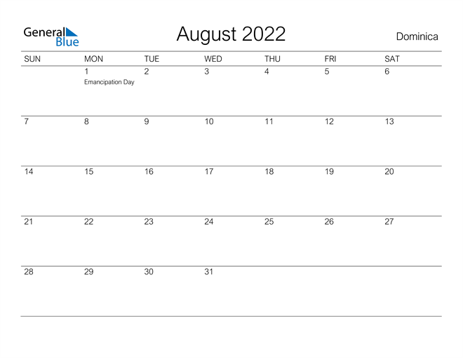Printable August 2022 Calendar for Dominica