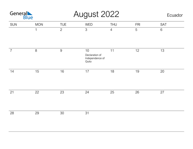 Printable August 2022 Calendar for Ecuador