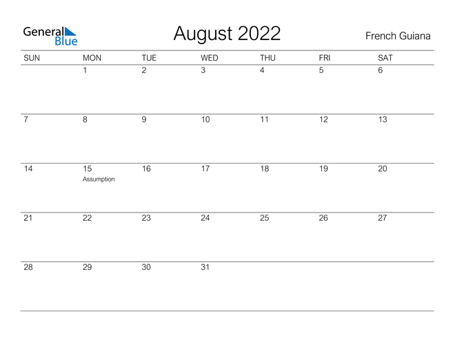 Printable August 2022 Calendar for French Guiana