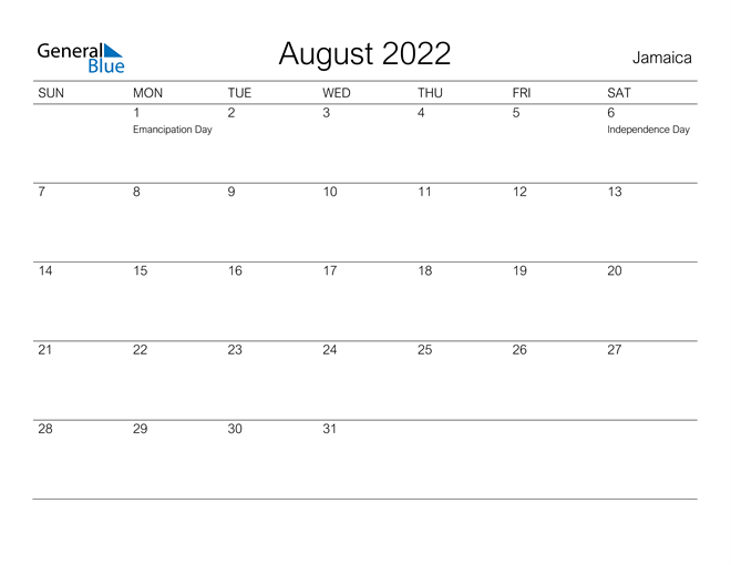 Printable August 2022 Calendar for Jamaica
