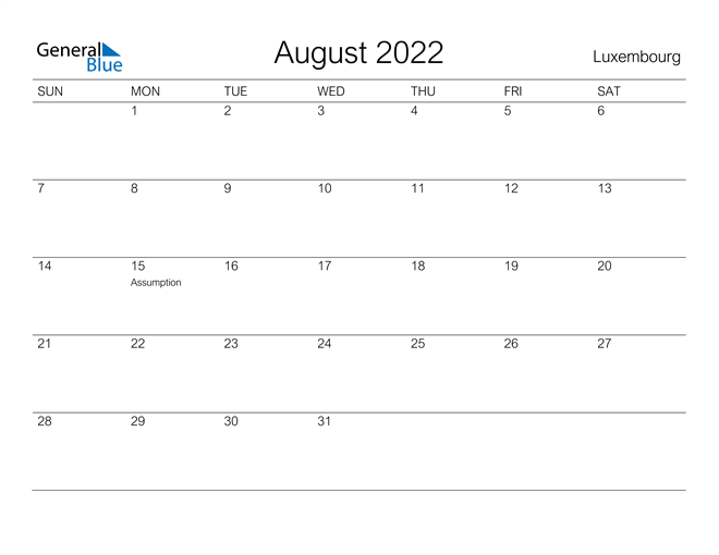 Printable August 2022 Calendar for Luxembourg
