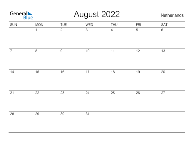 Printable August 2022 Calendar for Netherlands