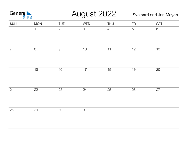 Printable August 2022 Calendar for Svalbard and Jan Mayen