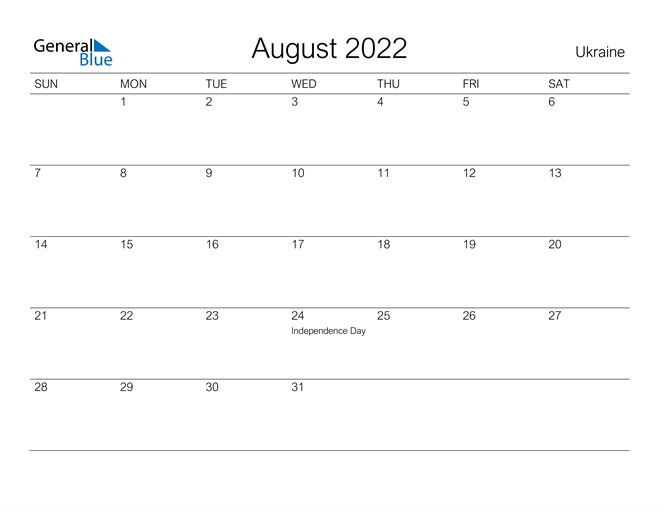 Printable August 2022 Calendar for Ukraine