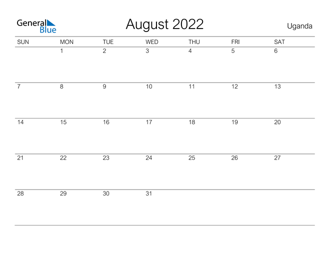 Printable August 2022 Calendar for Uganda