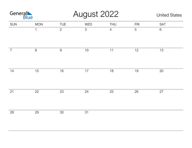 Printable August 2022 Calendar for United States