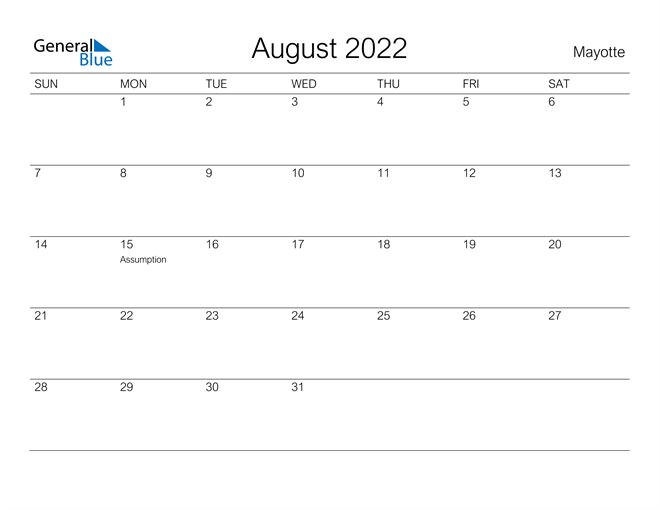 Printable August 2022 Calendar for Mayotte