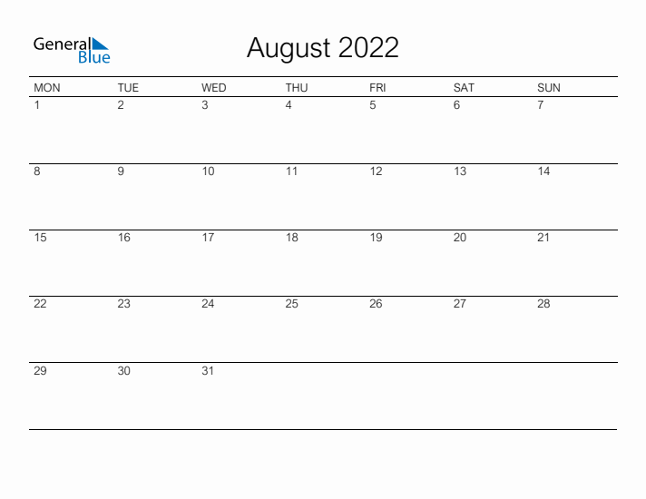 Printable August 2022 Calendar - Monday Start