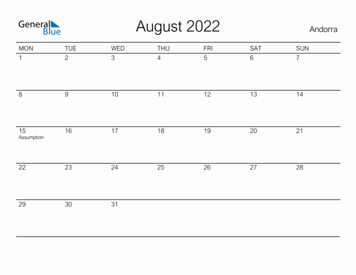 Printable August 2022 Calendar for Andorra