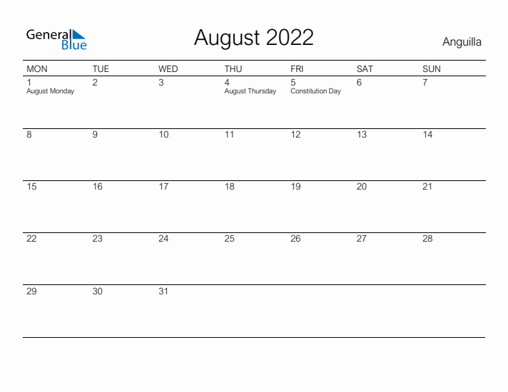 Printable August 2022 Calendar for Anguilla