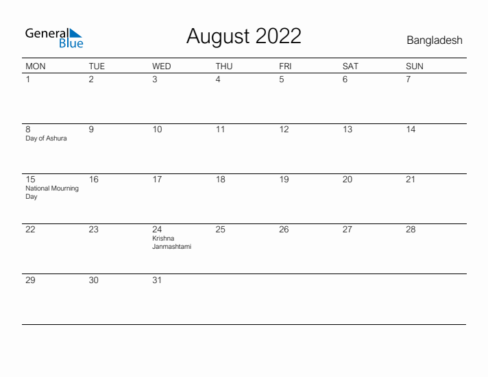 Printable August 2022 Calendar for Bangladesh