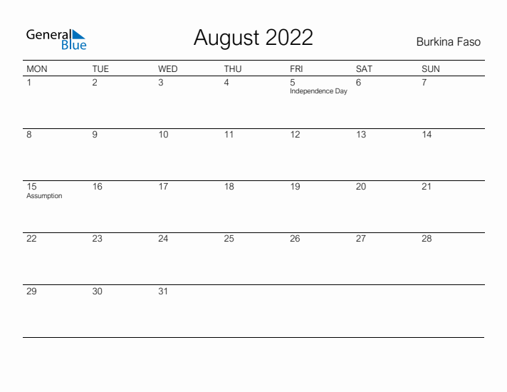 Printable August 2022 Calendar for Burkina Faso