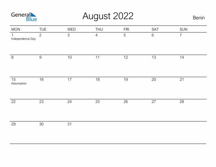 Printable August 2022 Calendar for Benin