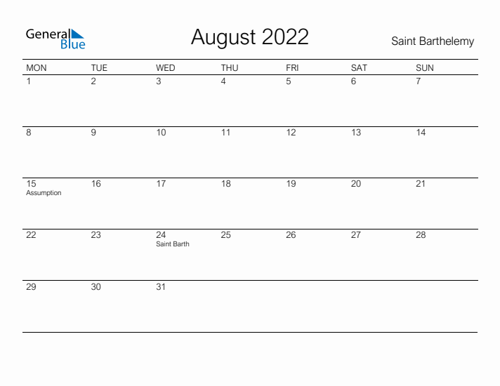 Printable August 2022 Calendar for Saint Barthelemy