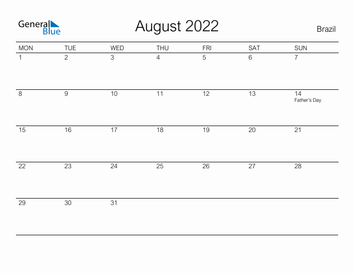 Printable August 2022 Calendar for Brazil