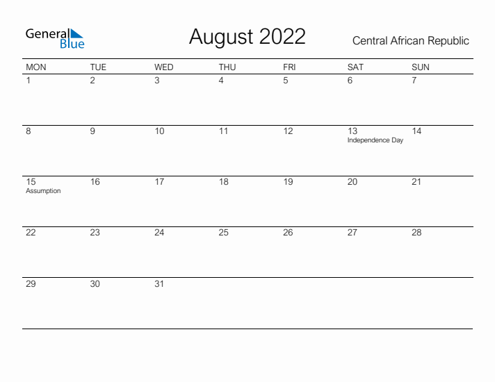 Printable August 2022 Calendar for Central African Republic