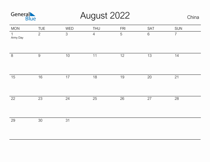 Printable August 2022 Calendar for China