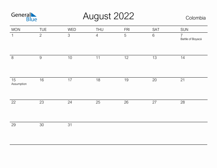 Printable August 2022 Calendar for Colombia