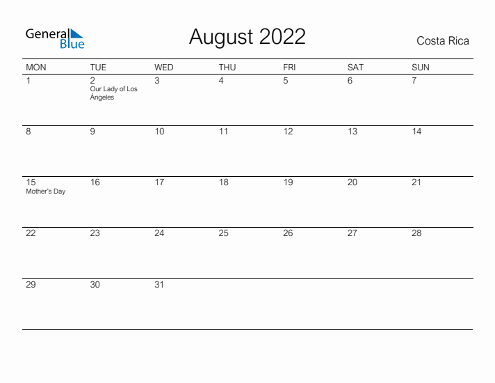 Printable August 2022 Calendar for Costa Rica