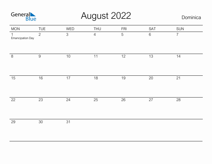 Printable August 2022 Calendar for Dominica