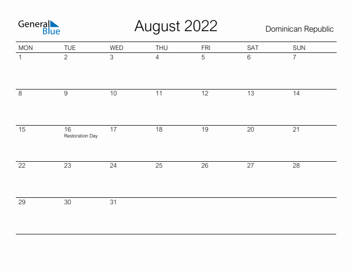 Printable August 2022 Calendar for Dominican Republic