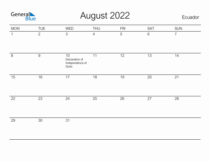 Printable August 2022 Calendar for Ecuador