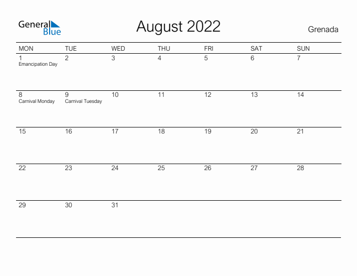 Printable August 2022 Calendar for Grenada