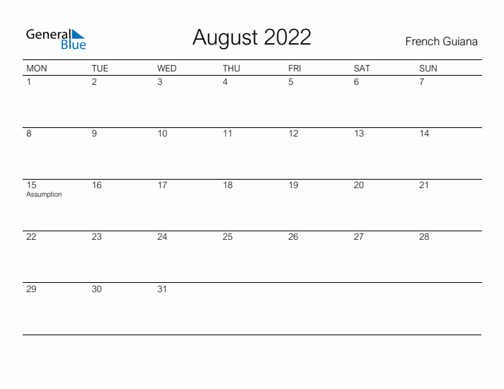 Printable August 2022 Calendar for French Guiana