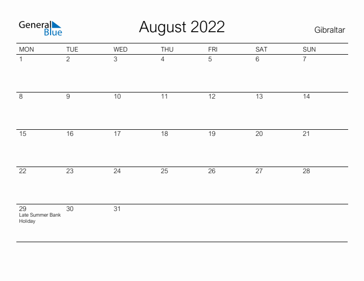 Printable August 2022 Calendar for Gibraltar