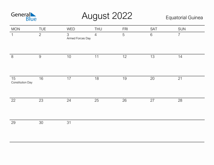 Printable August 2022 Calendar for Equatorial Guinea