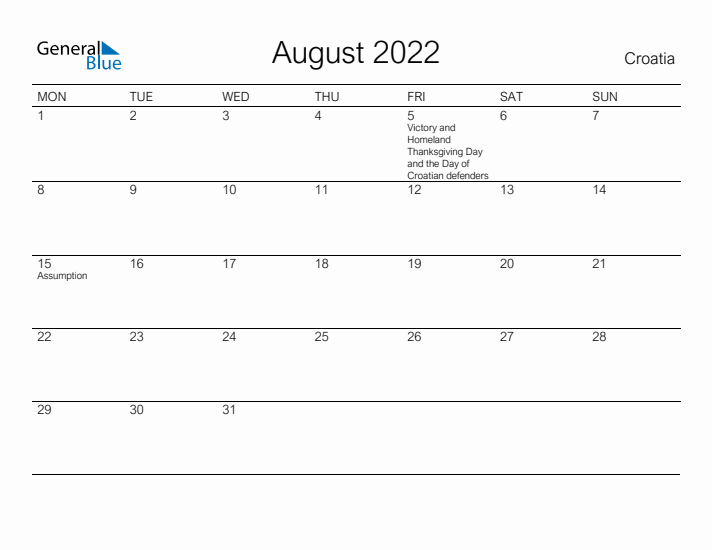 Printable August 2022 Calendar for Croatia