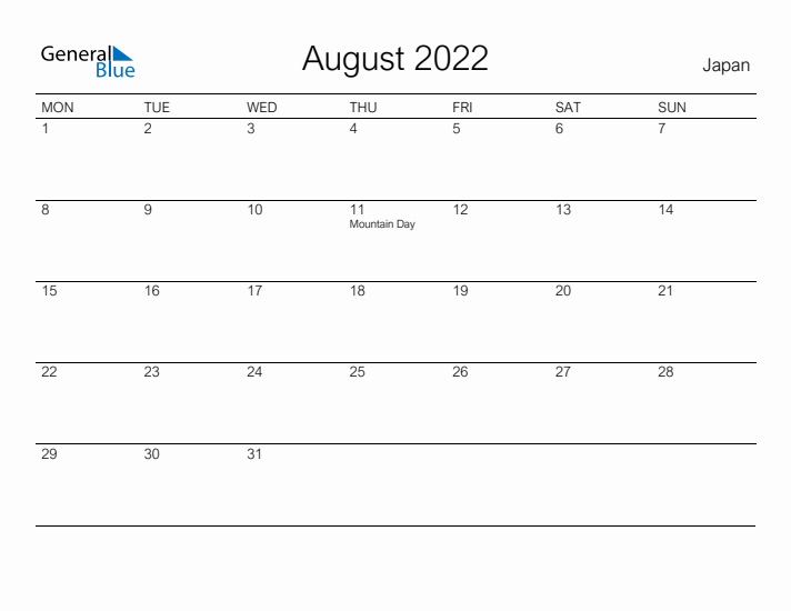 Printable August 2022 Calendar for Japan