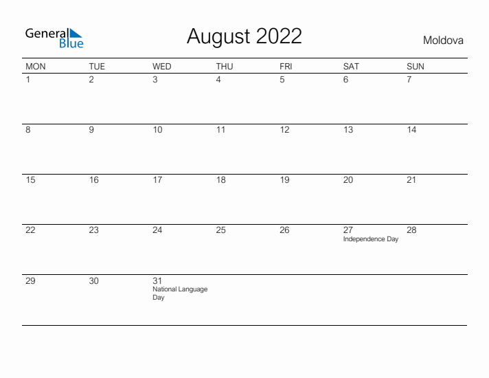 Printable August 2022 Calendar for Moldova