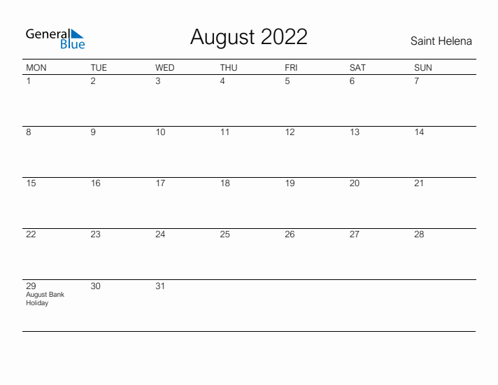 Printable August 2022 Calendar for Saint Helena