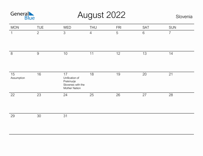Printable August 2022 Calendar for Slovenia
