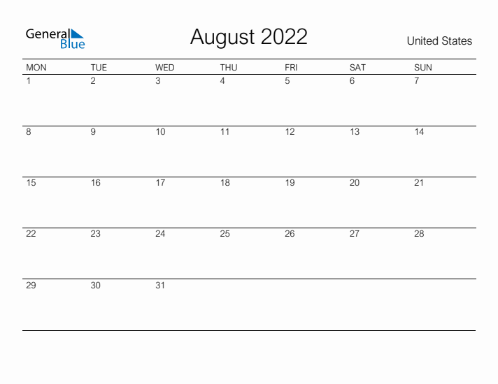 Printable August 2022 Calendar for United States