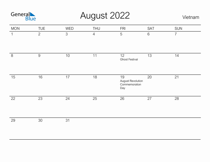 Printable August 2022 Calendar for Vietnam
