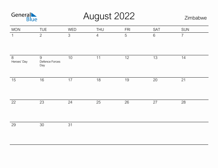 Printable August 2022 Calendar for Zimbabwe